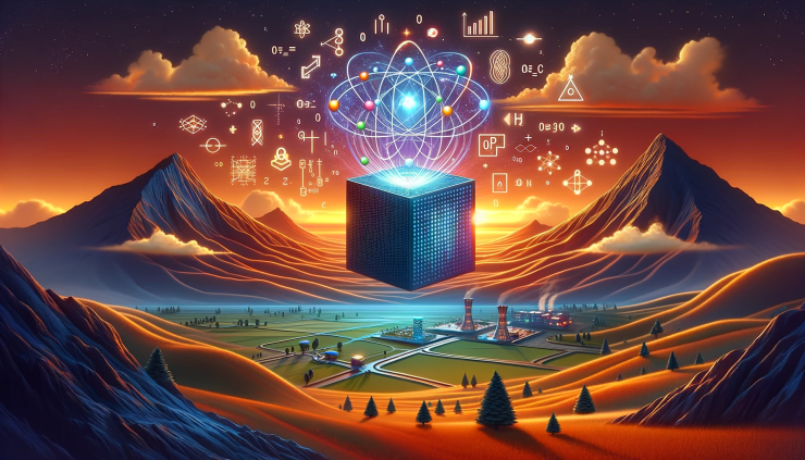 DALL·E 2024-01-04 17.46.52 - Landscape illustration for 'Progress in Quantum Computing', showing a futuristic quantum computer with qubits and quantum mechanics symbols, 1792x1024.png
