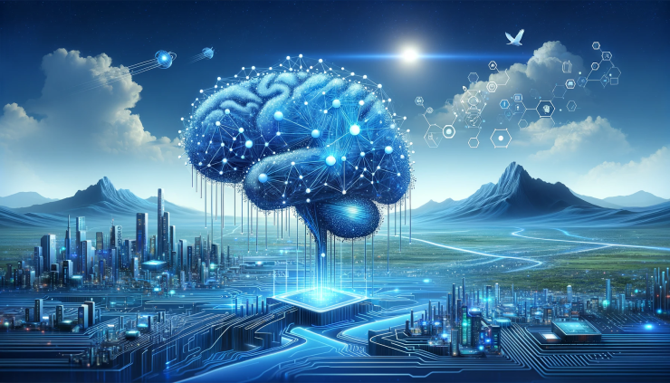DALL·E 2024-01-04 17.36.50 - Landscape illustration of advanced AI technology for 'AI Taking Center Stage', showing AI brain concept with digital networks and futuristic elements,.png